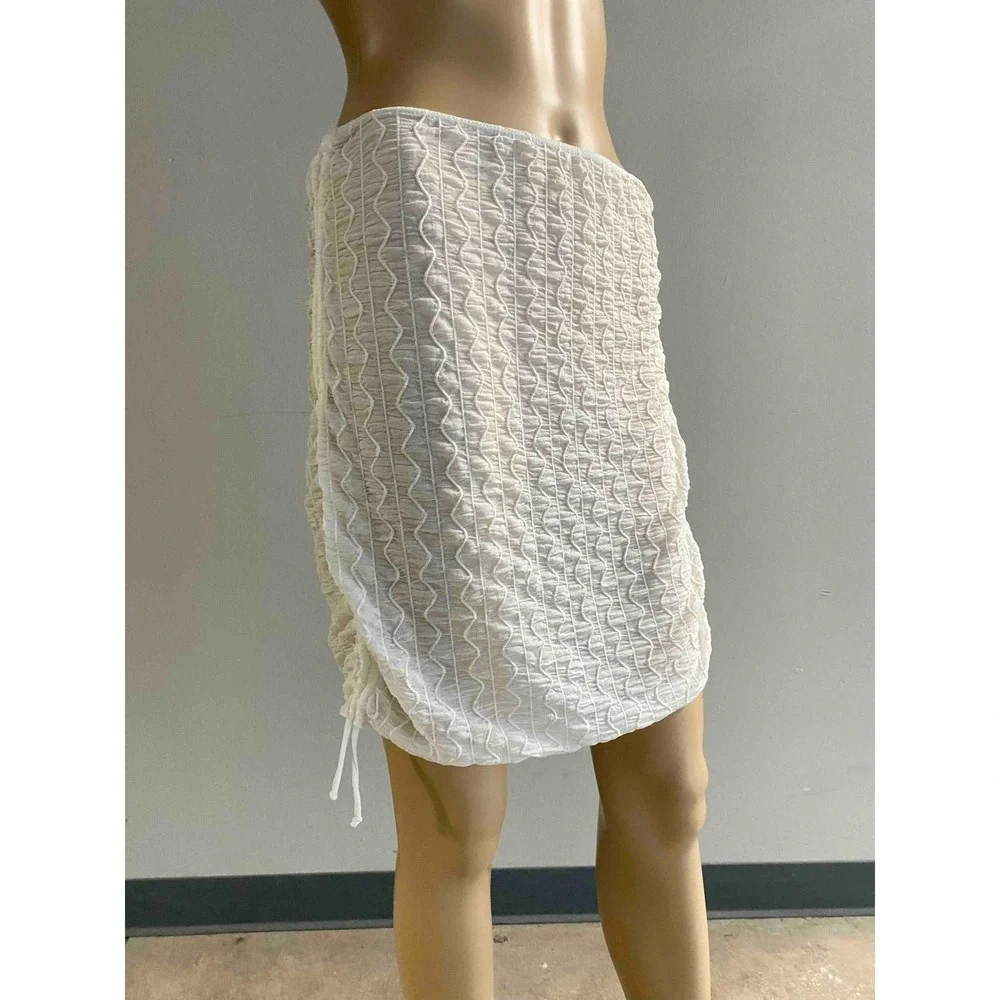 White Ruched Textured Mini Skirt Sarong Festival Bodycon Sheer Large